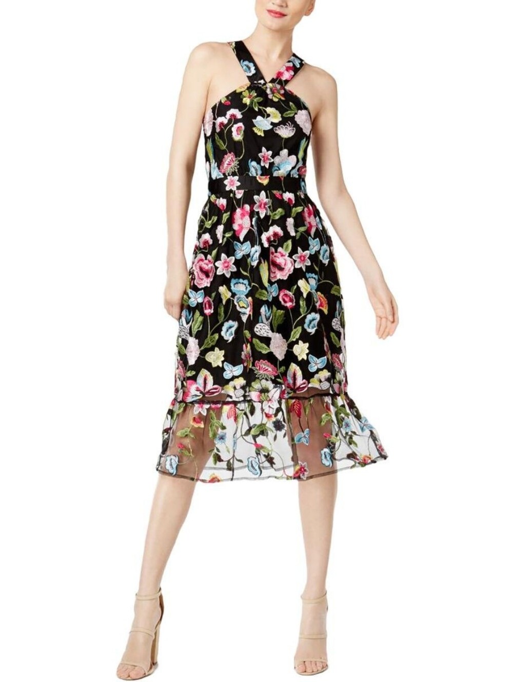 Cynthia Rowley Black Midi Dress with Multicolor Floral Embroidery